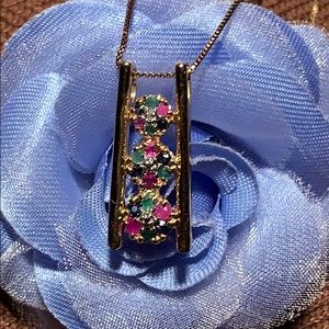Ruby/Emerald/Sapphire/Diamond SS pendant w/chain
